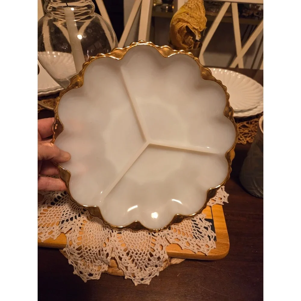 vintage Anchor Hocking Fire-King milk glass divided plate, specifically a three-
